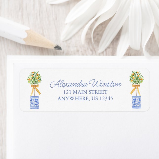 Watercolor Chinoiserie Orange Tree Topiary Label (Insitu)