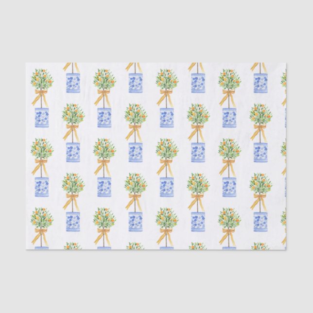 Watercolor Chinoiserie Orange Tree Topiary Tissue Paper (Front)