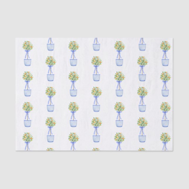 Watercolor Chinoiserie Orange Tree Topiary Tissue Paper (Front)