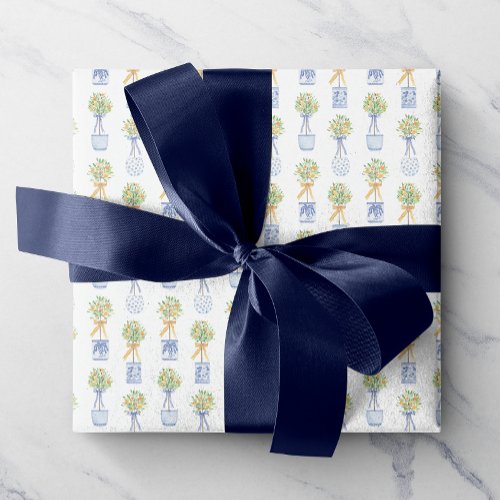 Watercolor Chinoiserie Orange Tree Topiary Wrapping Paper