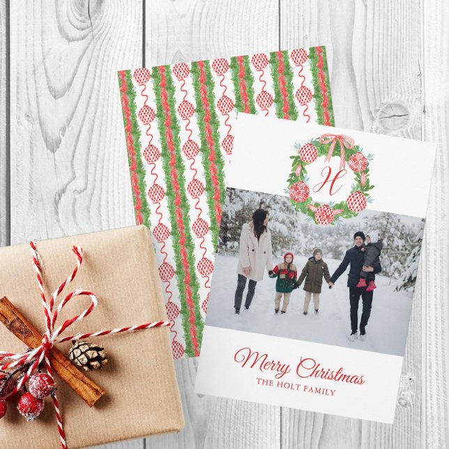 Watercolor Chinoiserie Ornaments Wreath Christmas Holiday Card (Chinoiserie Christmas Red Ornament Wreath Photo Cards)