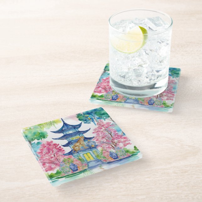 Watercolor Chinoiserie Pagoda Cheetah Ginger Jar Glass Coaster (Angled)