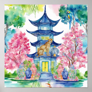 Watercolor Chinoiserie Pagoda Cheetah Ginger Jar Poster