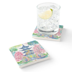 Watercolor Chinoiserie Pagoda Cheetah Ginger Jar Stone Coaster