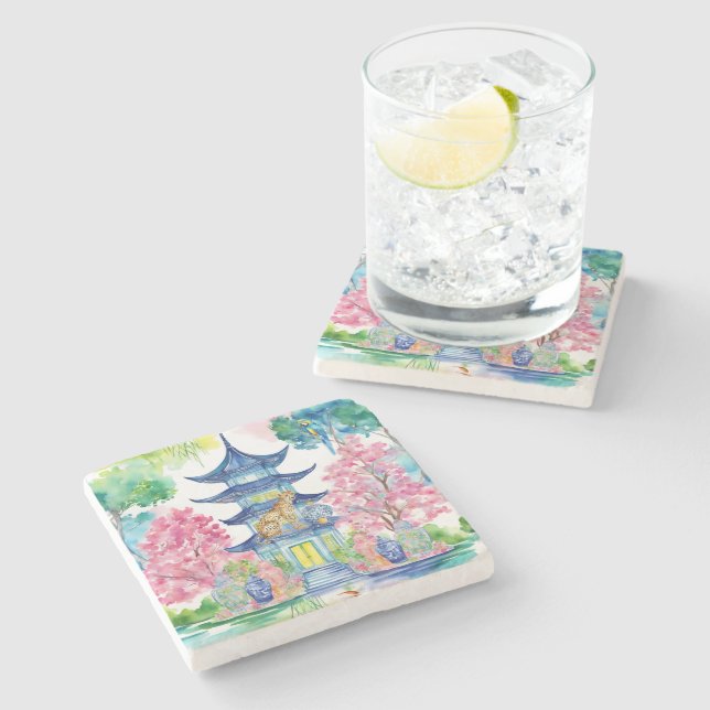 Watercolor Chinoiserie Pagoda Cheetah Ginger Jar Stone Coaster (Side)