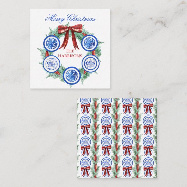Watercolor Chinoiserie Plates Christmas Enclosure Note Card (Front/Back)