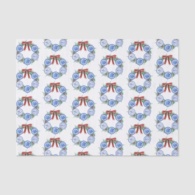 Watercolor Chinoiserie Plates Wreath Christmas Tissue Paper (Front)