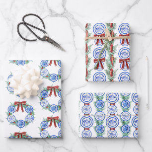 Watercolor Chinoiserie Plates Wreath Christmas Wrapping Paper Sheets