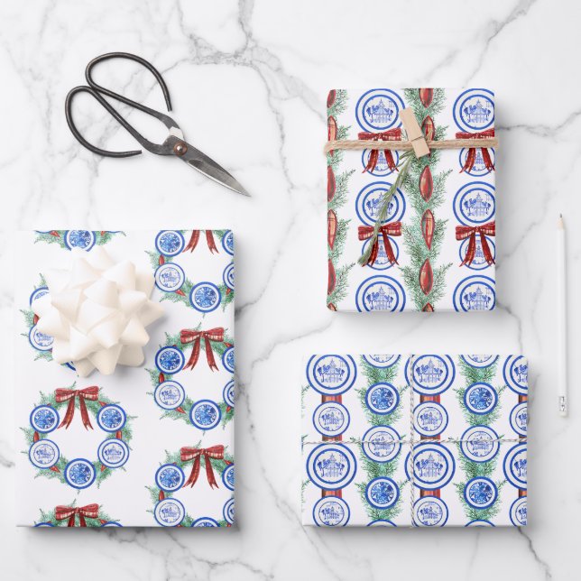 Watercolor Chinoiserie Plates Wreath Christmas Wrapping Paper Sheets (Front)