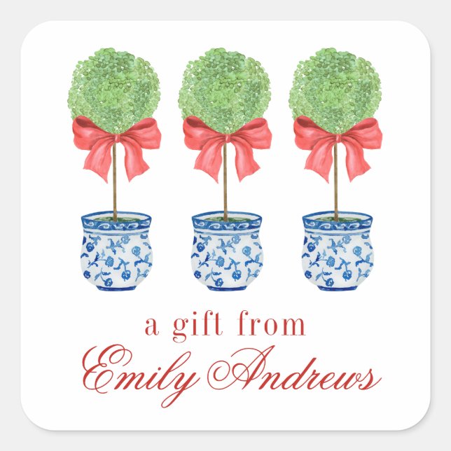 Watercolor Chinoiserie Red Bow Topiary Square Sticker (Front)