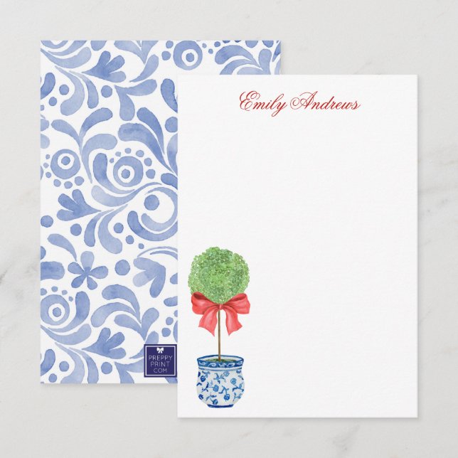 Watercolor Chinoiserie Red Bow Topiary Thank You Card (Front/Back)