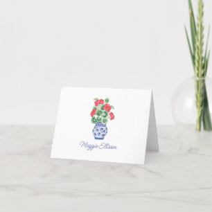 Watercolor Chinoiserie Vase of Red Geraniums Letterpress Thank You Card