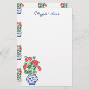 Watercolor Chinoiserie Vase of Red Geraniums Stationery