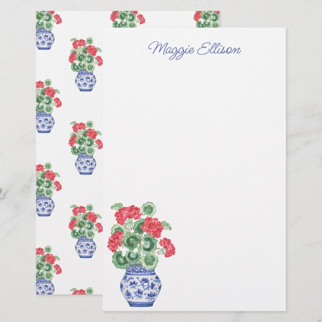 Watercolor Chinoiserie Vase of Red Geraniums Stationery (Front/Back)