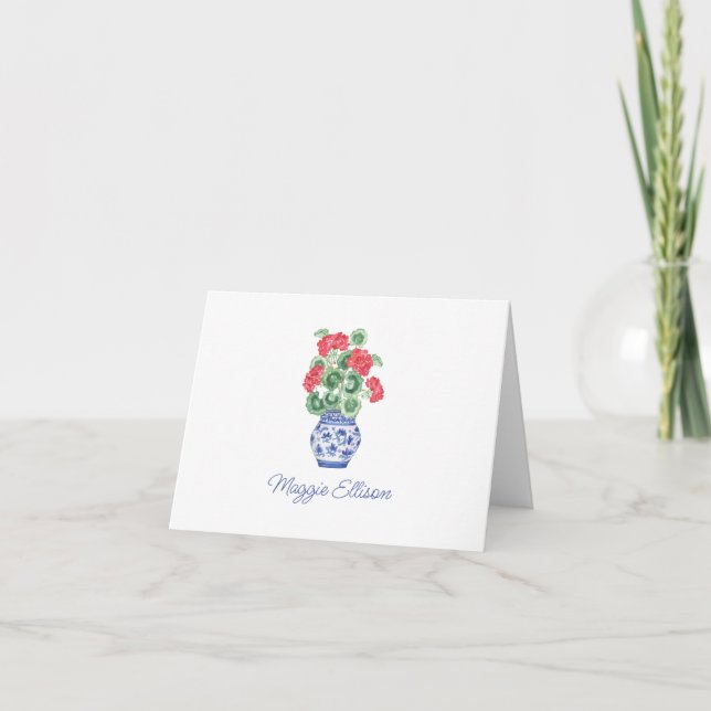 Watercolor Chinoiserie Vase of Red Geraniums Thank You Card (Front)