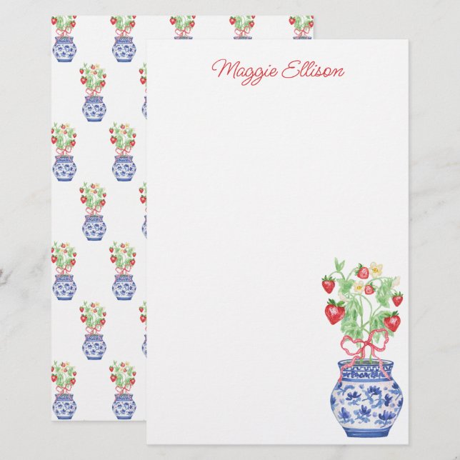Watercolor Chinoiserie Vase of Red Strawberries Stationery (Front/Back)