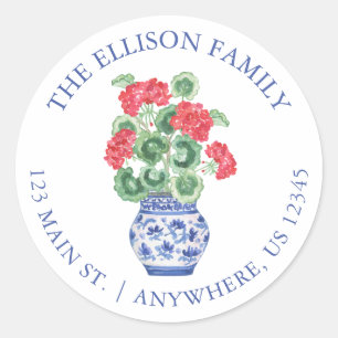 Watercolor Chinoiserie Vase Red Geraniums Address Classic Round Sticker