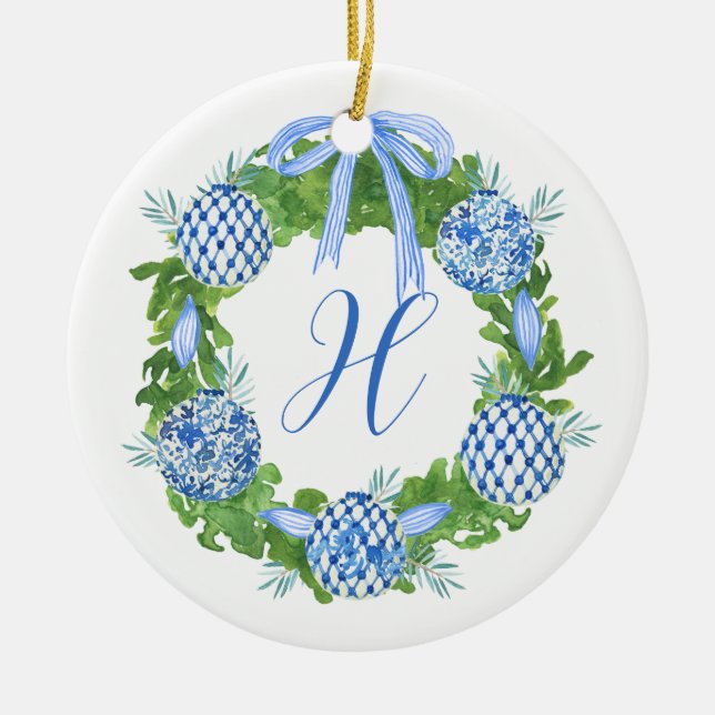 Watercolor Chinoiserie Wreath Christmas Monogram Ceramic Ornament (Front)