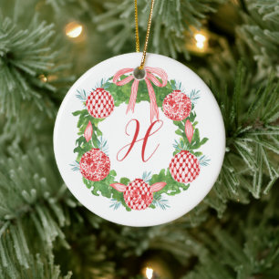 Watercolor Chinoiserie Wreath Christmas Monogram Ceramic Ornament