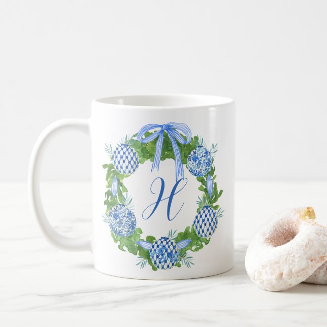 Watercolor Chinoiserie Wreath Christmas Monogram Coffee Mug (With Donut)