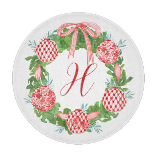 Watercolor Chinoiserie Wreath Christmas Monogram Cutting Board