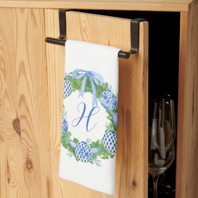 Watercolor Chinoiserie Wreath Christmas Monogram Kitchen Towel (Thirds Fold)