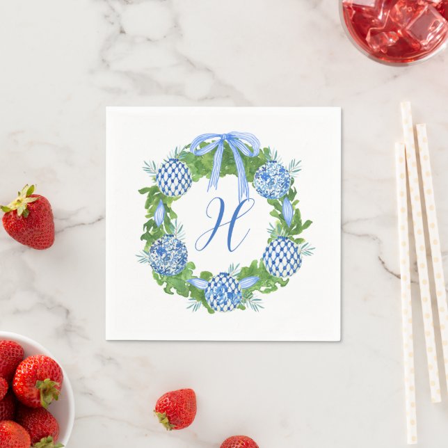 Watercolor Chinoiserie Wreath Christmas Monogram Napkins (Insitu)