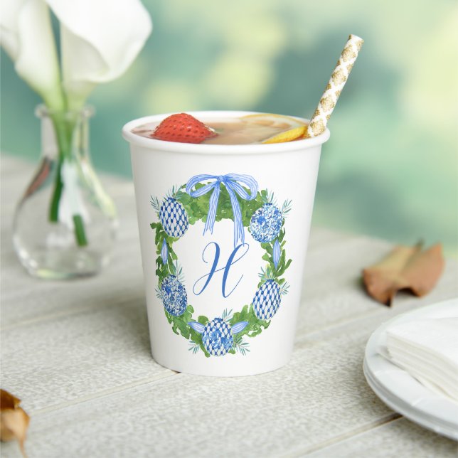 Watercolor Chinoiserie Wreath Christmas Monogram Paper Cups (Insitu)