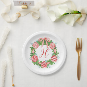 Watercolor Chinoiserie Wreath Christmas Monogram Paper Plates
