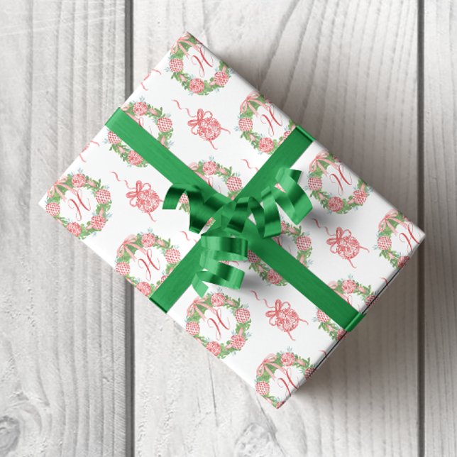 Watercolor Chinoiserie Wreath Christmas Monogram Wrapping Paper (Chinoiserie Red Ornament Christmas Wreaths Wrapping Paper)