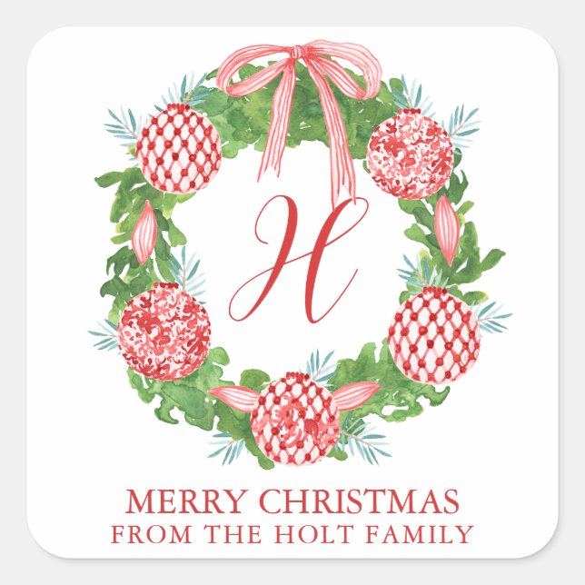 Watercolor Chinoiserie Wreath Christmas Square Sticker (Front)