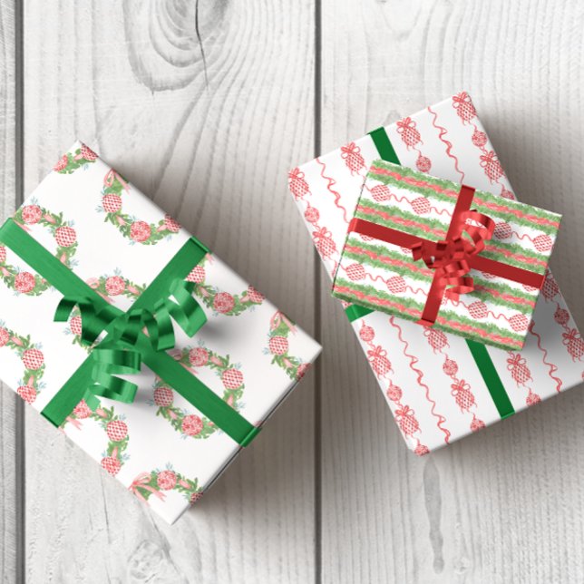 Watercolor Chinoiserie Wreath & Garland Christmas Wrapping Paper Sheets (Chinoiserie Red Christmas Ornament Wreaths Wrapping Paper)