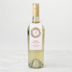 Watercolor Chinoiserie Wreath Monogram Christmas Bottle Hanger Tag
