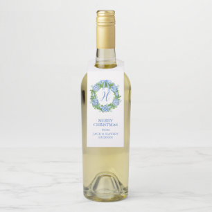 Watercolor Chinoiserie Wreath Monogram Christmas Bottle Hanger Tag