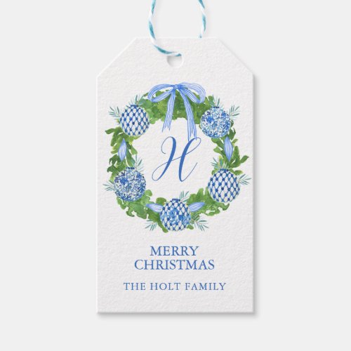 Watercolor Chinoiserie Wreath Monogram Christmas Gift Tags