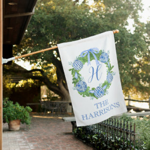 Watercolor Chinoiserie Wreath Monogram Christmas House Flag