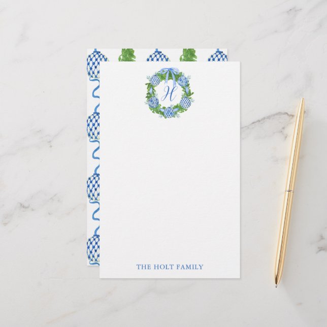 Watercolor Chinoiserie Wreath Monogram Christmas Stationery (Front/Back In Situ)