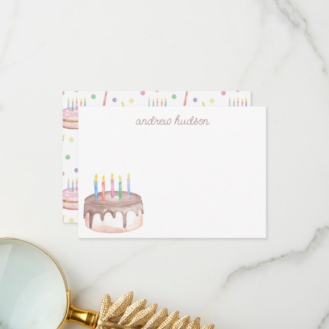 Watercolor Chocolate Birthday Cake Personalized Thank You Card (Front/Back In Situ)