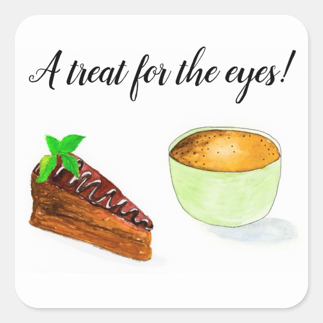 Watercolor Chocolate Cake And Coffee Square Sticker (Front)