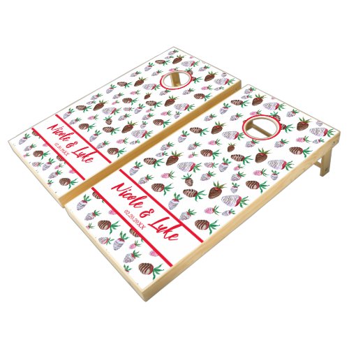Watercolor Chocolate Covered Strawberries Couples Cornhole Set