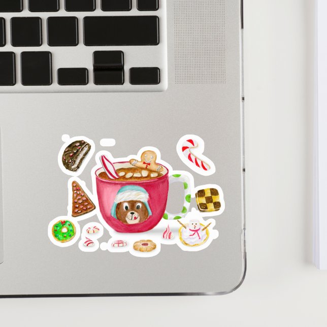 Watercolor Chocolate Gingerbread Cookies Holiday Sticker (Decorate your laptop with this sweet Watercolor Hot chocolate with cookies!)