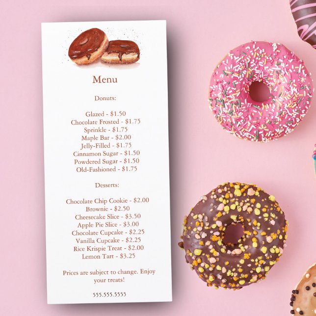 Watercolor Chocolate Glazed Donuts Price Menu (Enhance Your Bakery's Charm: Display Our Watercolor Chocolate Glazed Donuts Price Menu.)