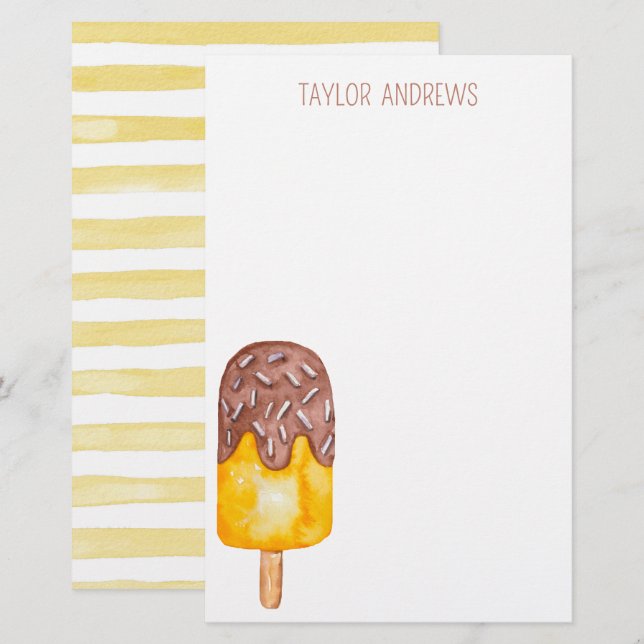 Watercolor Chocolate Popsicle Personalized Stationery (Front/Back)