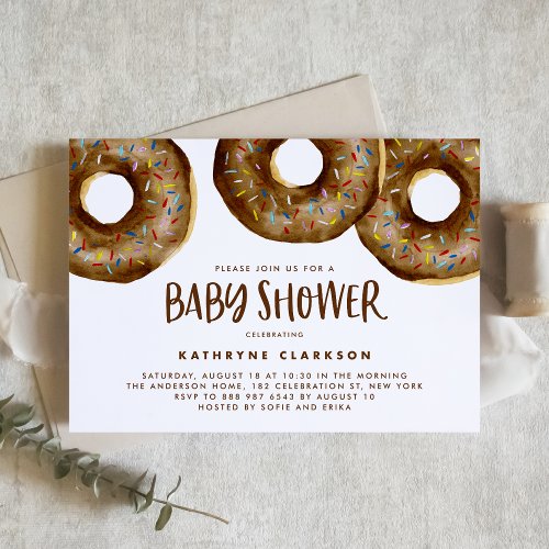 Watercolor Chocolate Sprinkle Donuts Baby Shower Invitation
