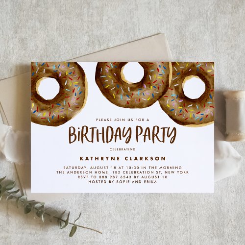 Watercolor Chocolate Sprinkle Donuts Birthday Invitation