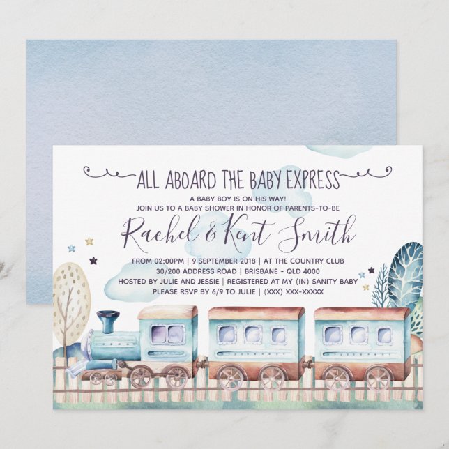 Watercolor Choo Choo Train Baby Shower Invitation (Front/Back)