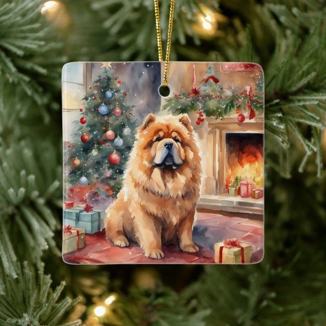 Watercolor Chow Chow - Xmas Scene Ceramic Ornament (Tree)