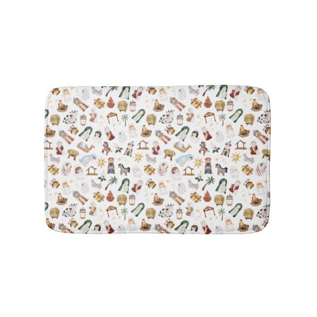 Watercolor Christian Christmas Nativity Bath Mat (Front)