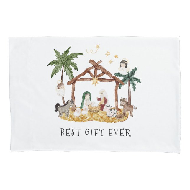 Watercolor Christian Christmas Nativity Pillow Case (Front)