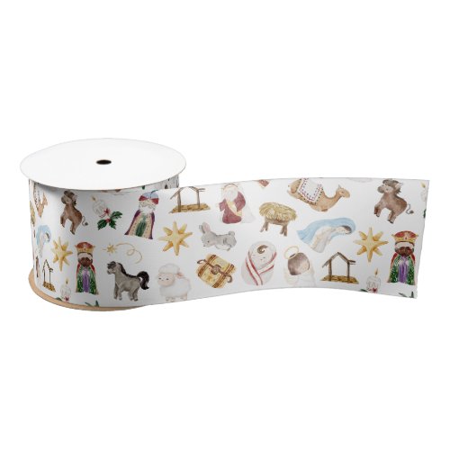 Watercolor Christian Christmas Nativity Satin Ribbon